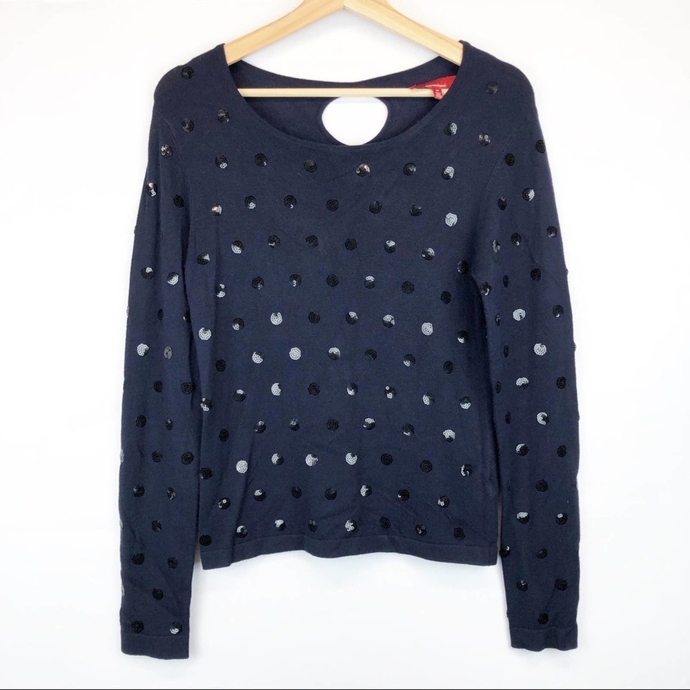 Saks‎ Fifth Avenue Navy Blue Keyhole Sweater Sequin Polka Dot Long Sleeve Top S
